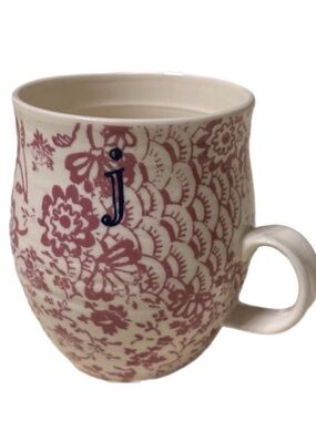 Anthropologie Sparrow Monogram Letter J Light Pink Floral Coffee Mug Cup